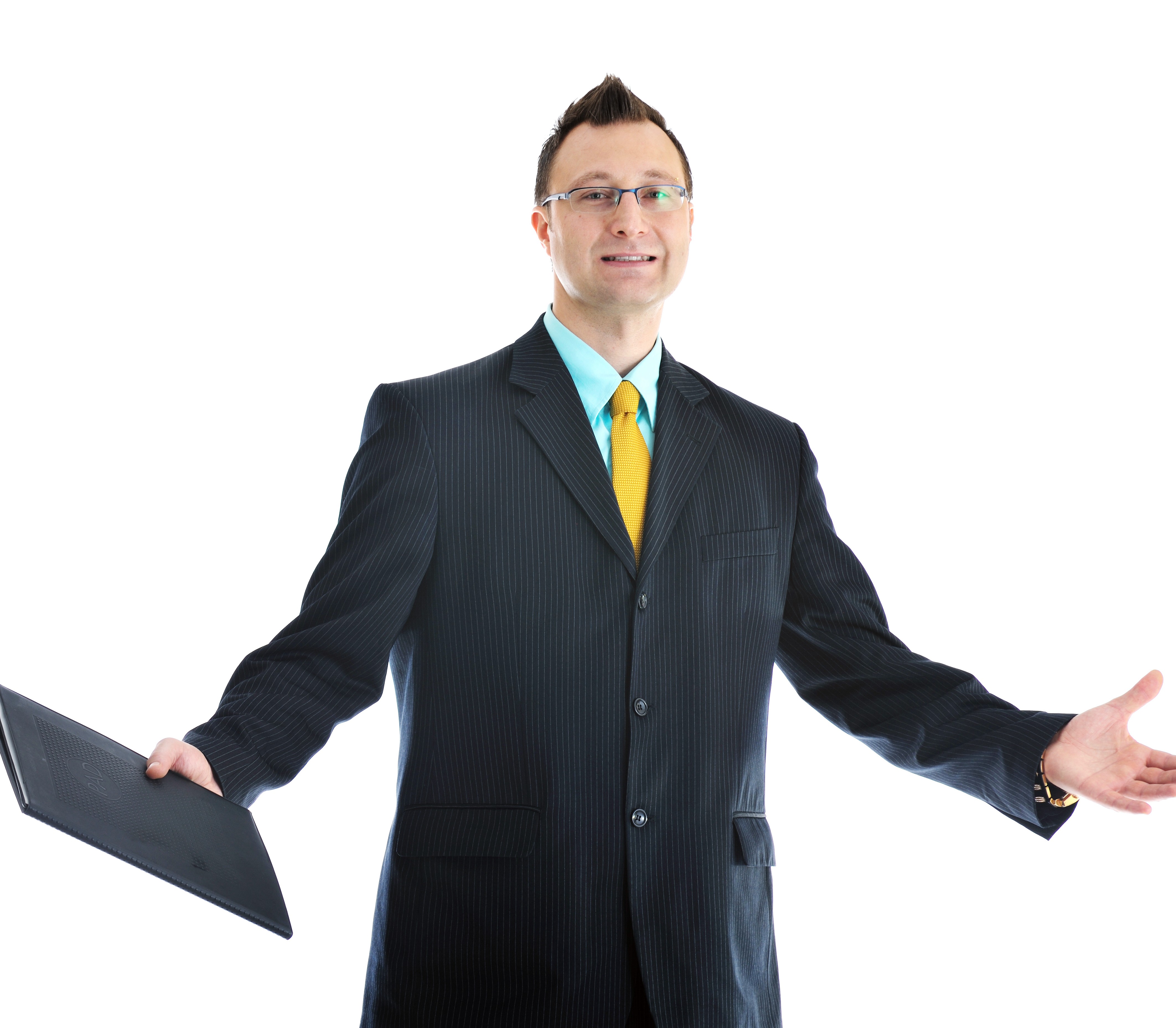 A cheerful door-to-door salesman ready to give his pitch.